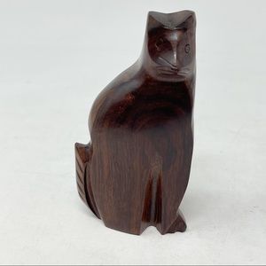 Vintage Hand Carved Dark Wood Cat Figurine Sitting Tail Mid Century Modern